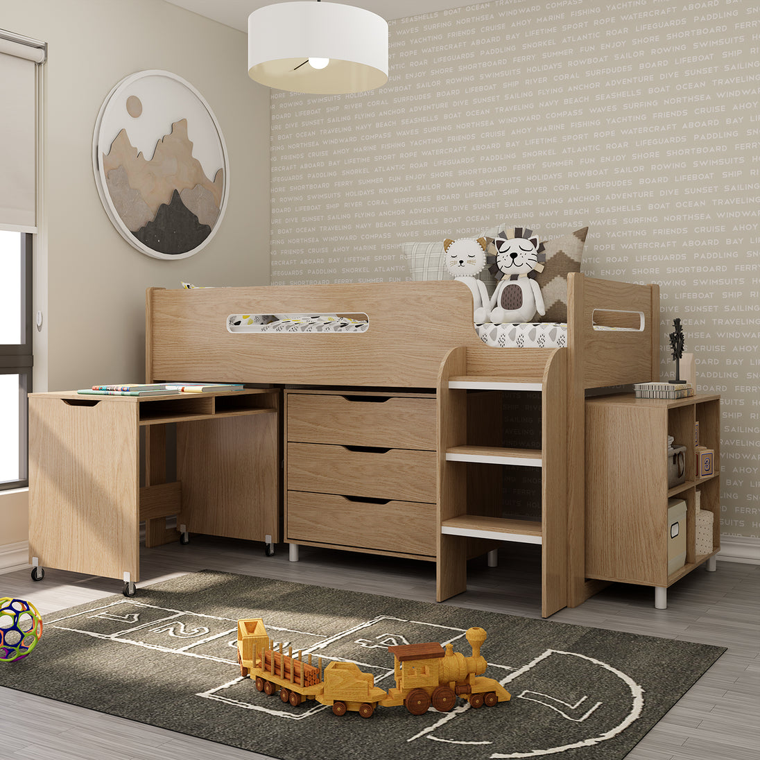 Mid sleeper bed in a modernly decorated bed room. Some of its storage is tucked away underneath the bed frame.