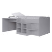Front left side view of a grey mid sleeper bed frame with a built-in bookcase and desk.