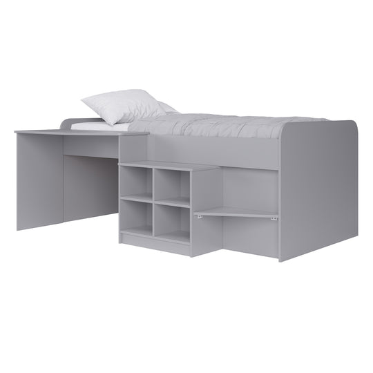 Front left side view of a grey mid sleeper bed frame with a built-in bookcase and desk.