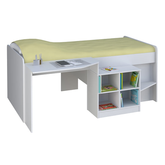 Front left side view of the white mid sleeper bed frame, showing off the built-in bookcase and desk.