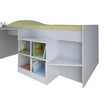 Back side view of the mid sleeper bed frame. Show the step-up step and built-in bookcase.