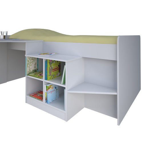 Back side view of the mid sleeper bed frame. Show the step-up step and built-in bookcase.