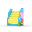 A blue/yellow bookcase featuring Peppa Pig on the left and right side. Peppa is splashing in the mud, in a sunny garden.