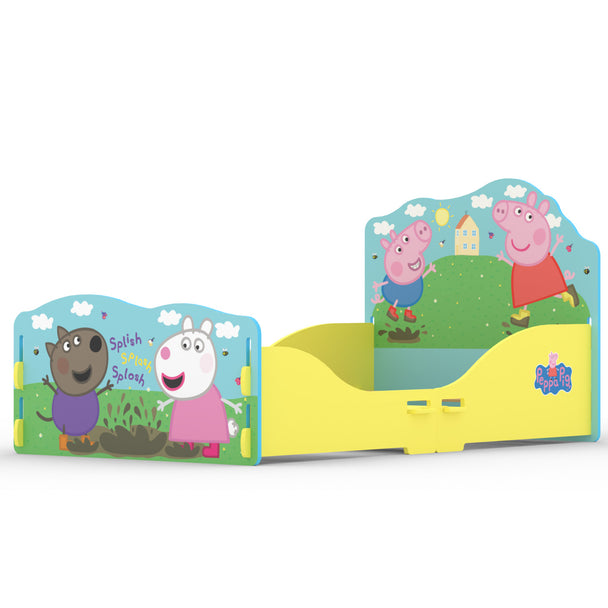 A Blue/Yellow Peppa Pig Toddler Bed. It features characters from the show, playing in a sunny garden.