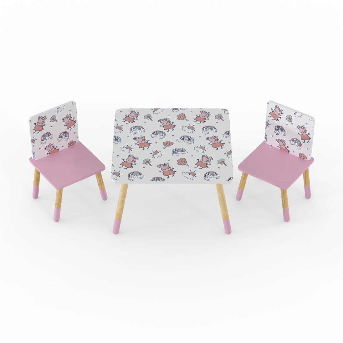 Children's table and chairs set with patterned design on a white background