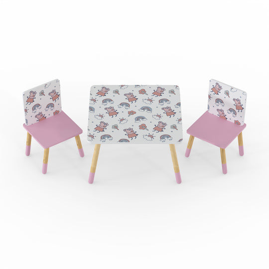 Children's table and chairs set with patterned design on a white background