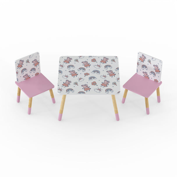 Children's table and chairs set with patterned design on a white background
