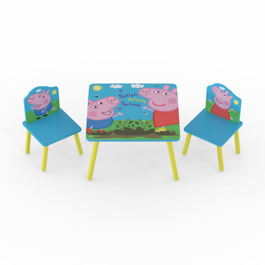 A blue/yellow toddler table and 2 chair furniture set, featuring characters from the Peppa Pig show.