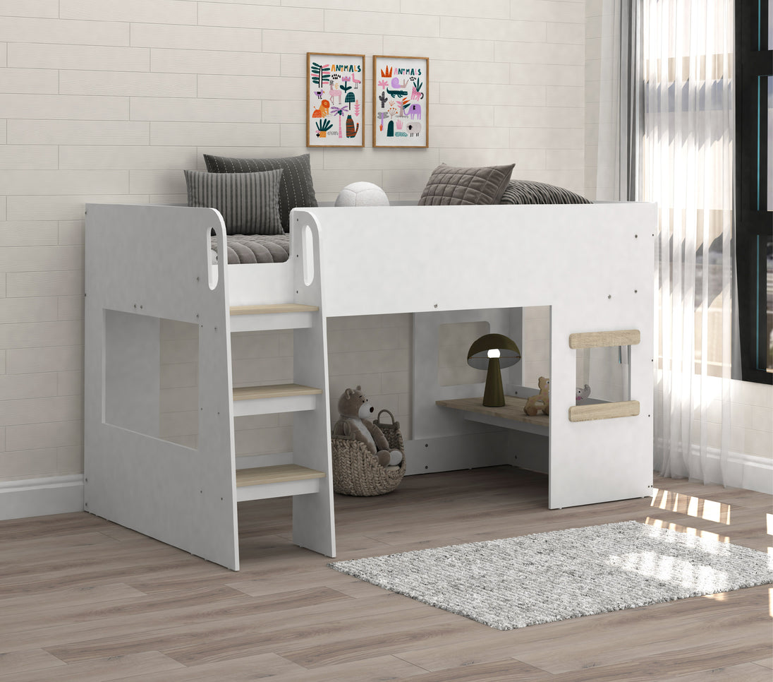 White loft bed with stairs in a room with a rug and wall art.