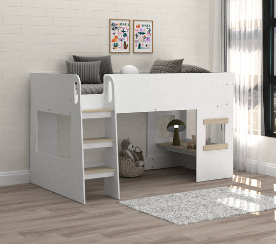 White loft bed with stairs in a room with a rug and wall art.