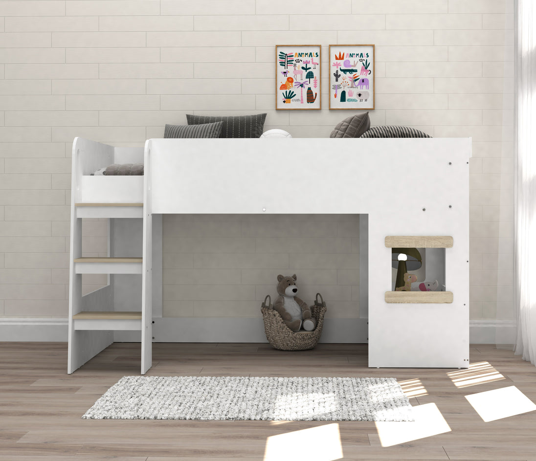 White loft bed with desk in a room with framed artwork on the wall.