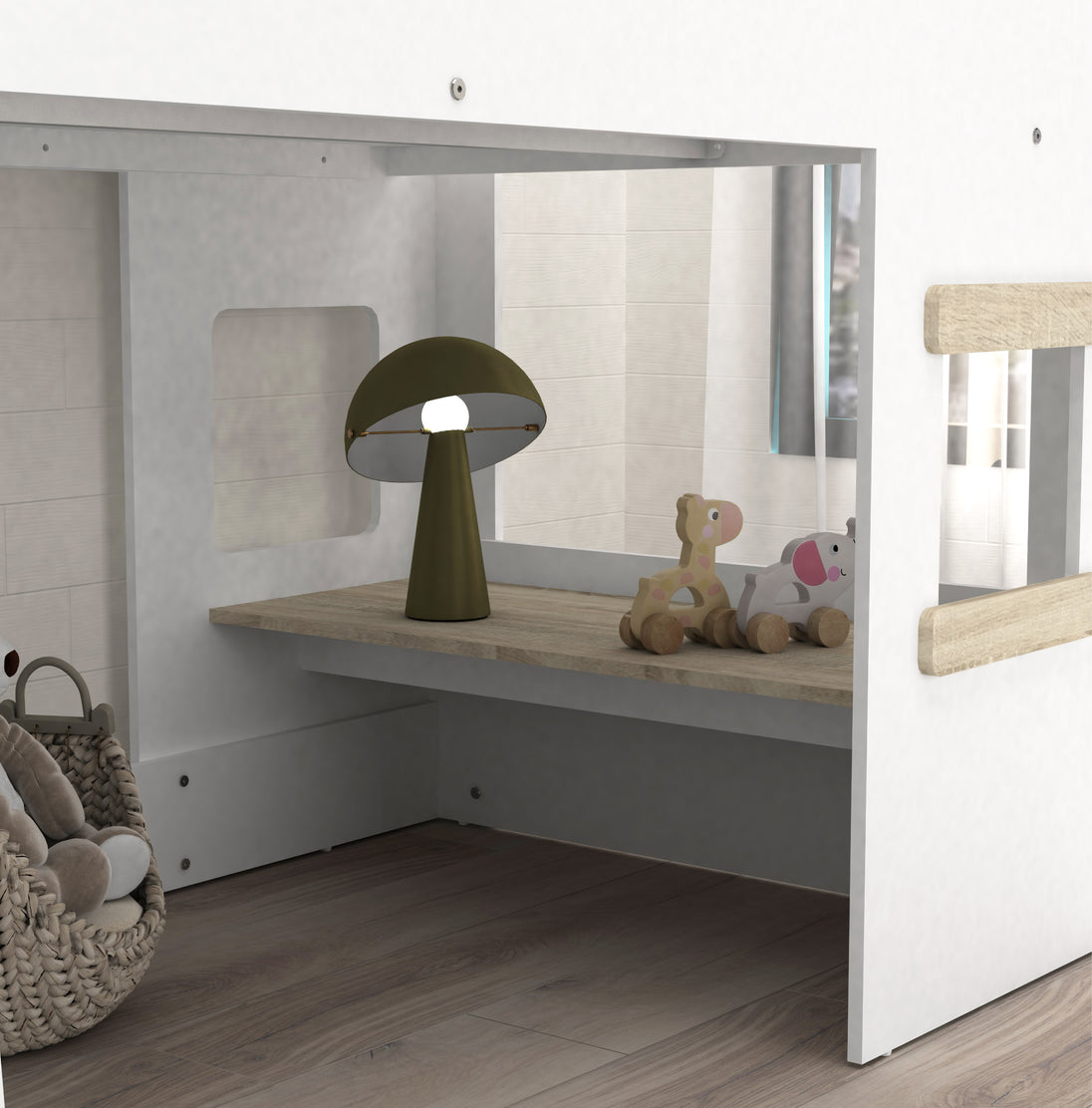 Children's room with a wooden shelf, green lamp, and toys.