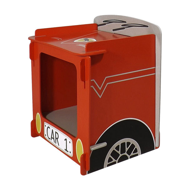 A bright red painted nightstand for a toddlers bedroom. It shows the car themed graphics of the item, such as its wheels, number plate and badges etc.