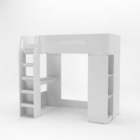 Side view of the white high loft sleeper bed. It shows off the built-in desk and 3 shelf storage.