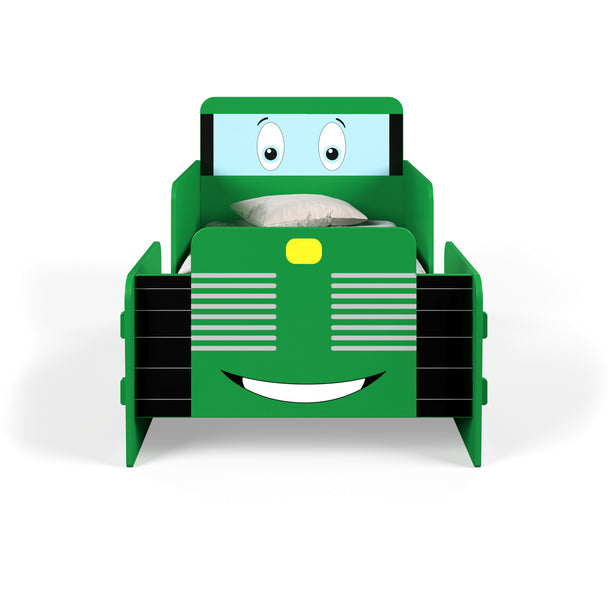 Toddler bed from the front. It shows how the tractor graphics look on the footboard and headboard panels.